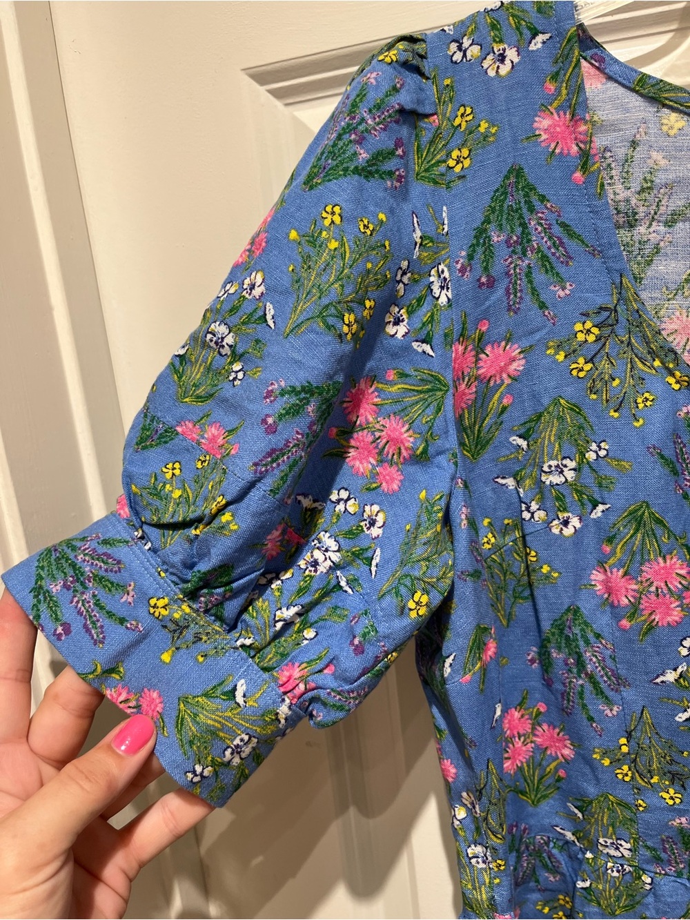 NWOT LOFT Blue Floral U-Neck Periwinkle Blue Puff Sleeve Linen Blend Dress - Picture 5 of 9